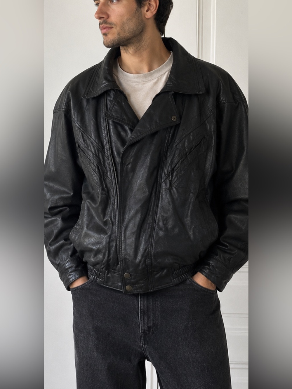 Vintage Oscar Piel Men’s XXL Black Genuine Leather Bomber Jacket 80s 90s